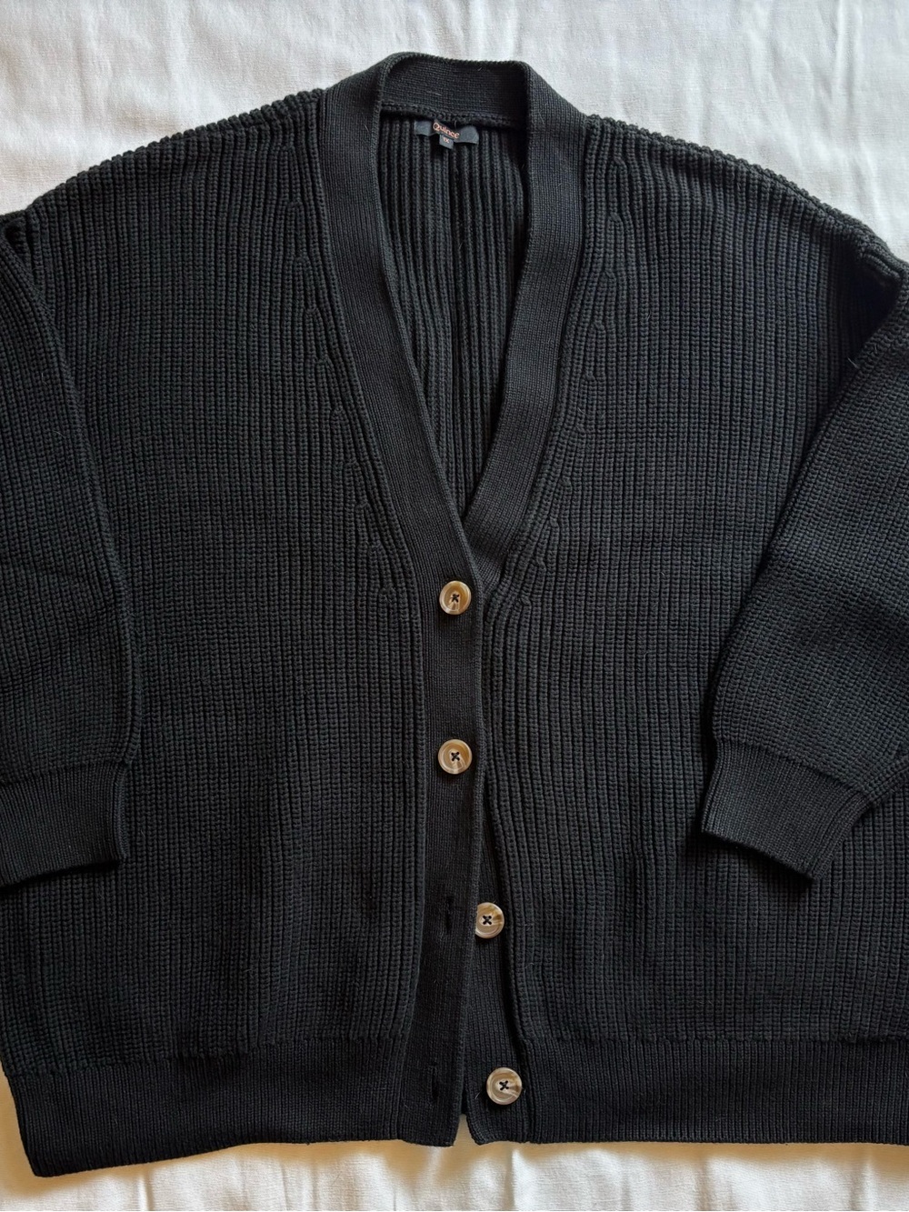 Quince Black Ribbed V-Neck Button Cardigan